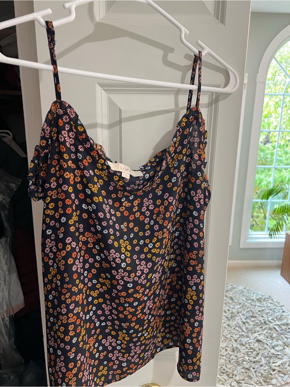 LOFT Black Floral Spaghetti-Strap Cami with Pink and Yellow Daisies